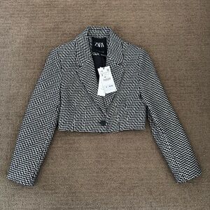 Zara Black and White Tweed Cropped Jacket